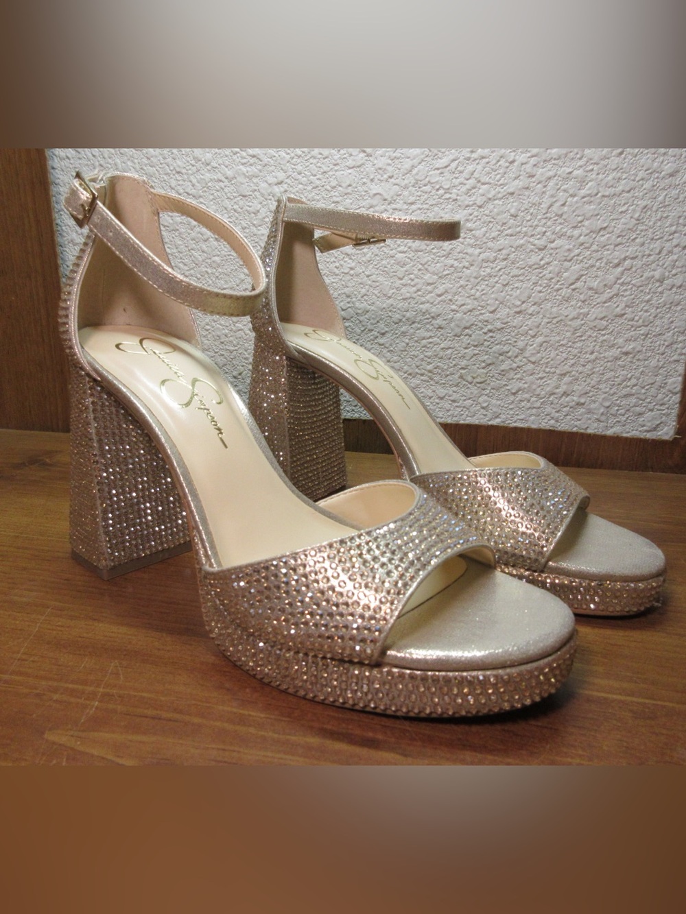 Jessica Simpson Rose Gold Crystal Block Heel Sandals